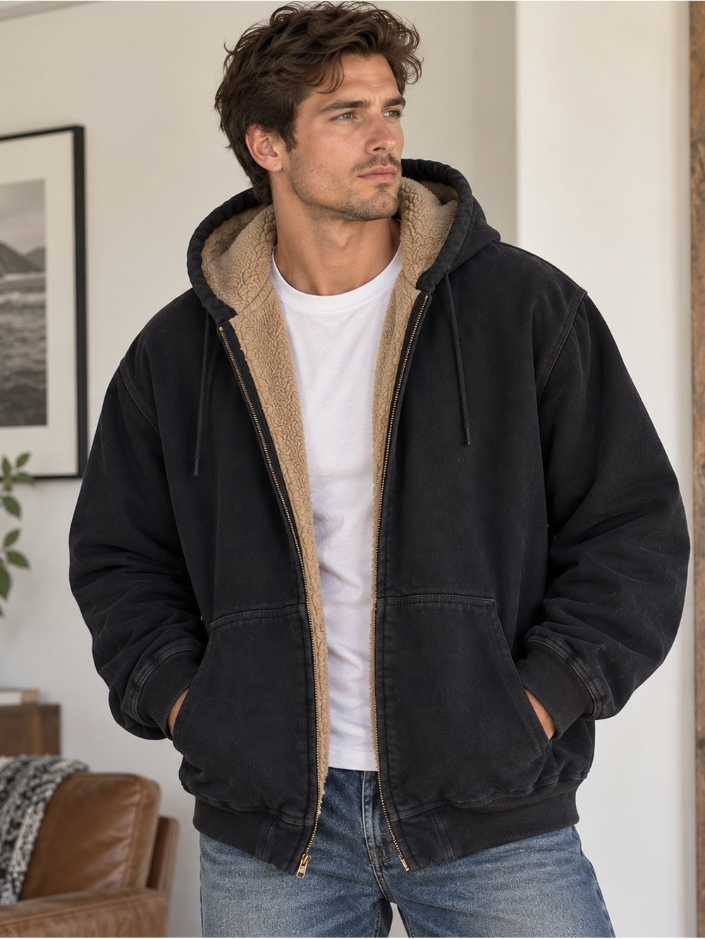 L.L.Bean Katahdin Iron Works Sherpa Lined Navy Zip Hoodie